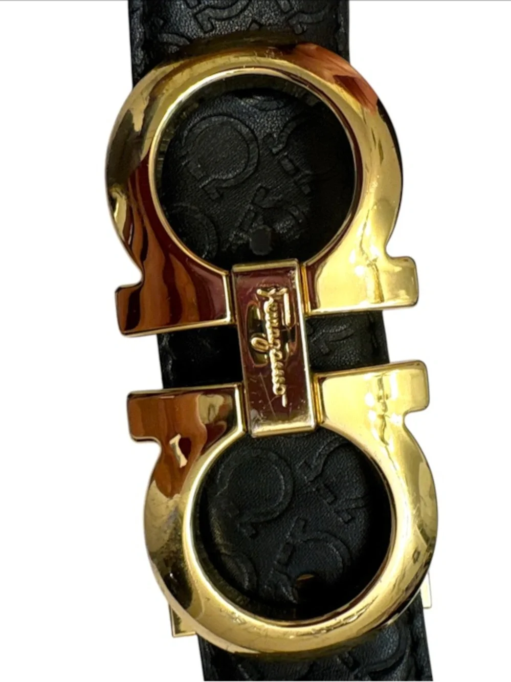 Salvatore Ferragamo Black embossed Leather Belt with Gold Gancini Buckle